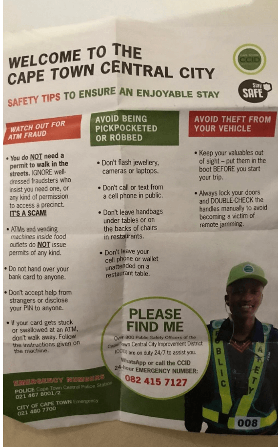 Welcome to the Cape Town Central City
A flyer with tip on ensuring a safe visit.
